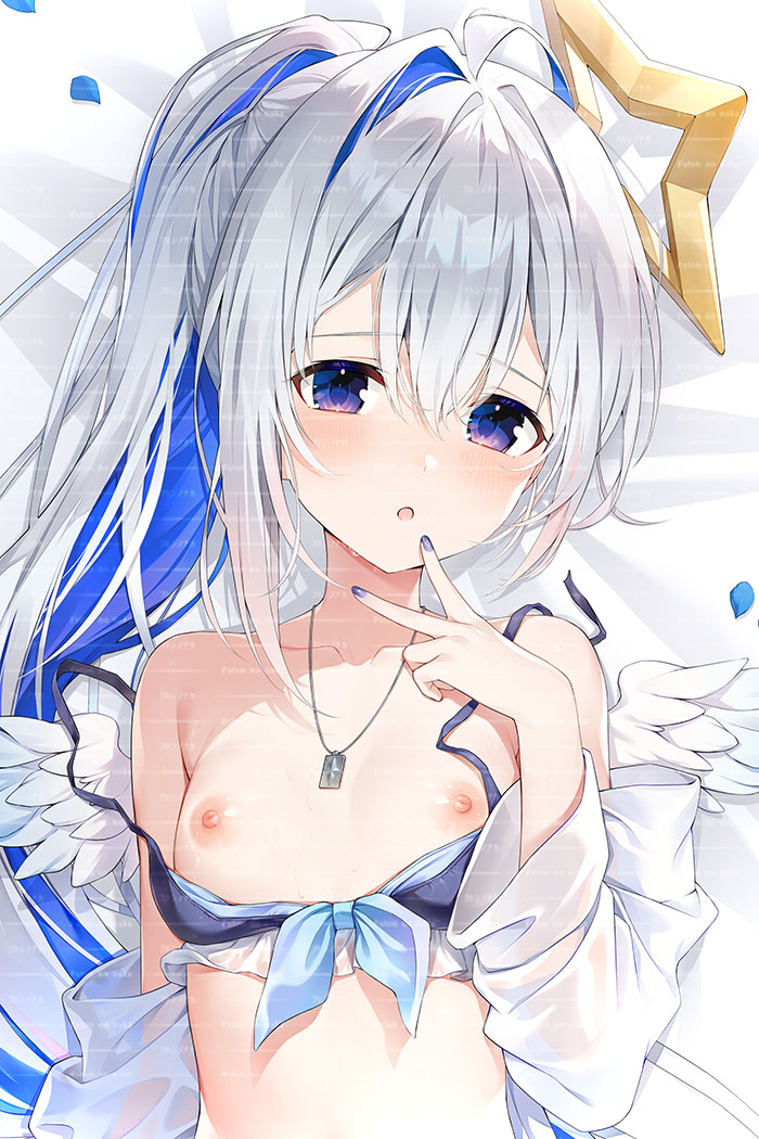 acco_(sh_in) amane_kanata angel_wings commentary_request dakimakura_(medium) dakimakura_(object) halo hololive mini_wings pillow star_halo virtual_youtuber white_wings wings