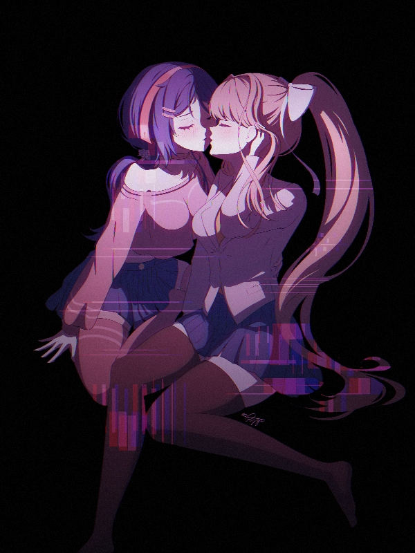 2girls black_background black_leggings blue_skirt blush bow closed_eyes crazy_mita_(miside) crossover doki_doki_literature_club glitch hair_ornament hairclip high_ponytail imminent_kiss leggings miside mita_(miside) monika_(doki_doki_literature_club) multiple_girls off-shoulder_shirt off_shoulder parallel_hairclips ponytail purple_hair red_hair ryzatgj school_uniform shirt signature simple_background sitting skirt tucking_hair twintails wariza white_bow yuri
