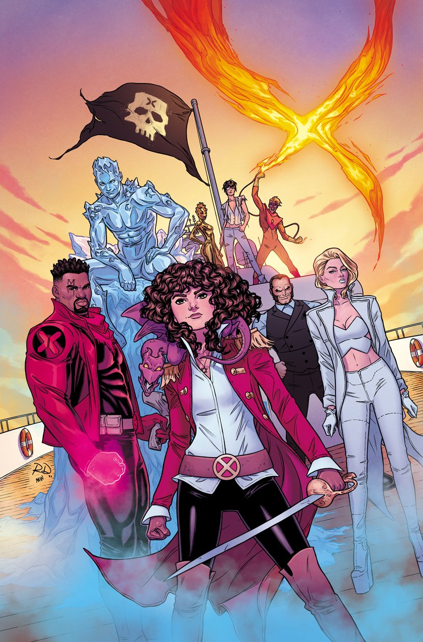 belt bishop_(x-men) black_facial_hair black_hair black_pants blonde_hair boat boots breasts brown_boots brown_eyes brown_hair bustier character_request cleavage comic_cover commentary creature creature_on_shoulder cryokinesis curly_hair dark-skinned_male dark_skin dragon emma_frost english_commentary epaulettes facial_hair facial_mark fire hexagram highres holding holding_sword holding_weapon iceman_(x-men) jacket jolly_roger kitty_pryde knee_boots lockheed long_hair marvel matt_wilson mature_male midriff muscular muscular_male navel official_alternate_costume official_art on_boat on_shoulder pants pyro_(x-men) pyrokinesis red_jacket russell_dauterman ship_deck shirt short_hair star_of_david sword tempo_(x-men) watercraft weapon western_comics_(style) white_bustier white_jacket white_lips white_pants white_shirt x-men