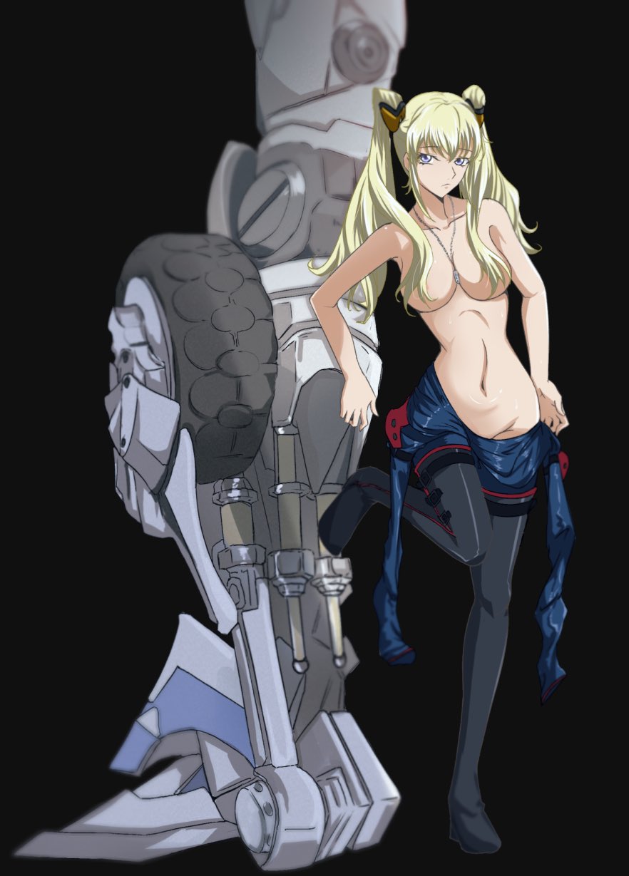 1girl black_boots blonde_hair bodysuit boots breasts ccherias code_geass code_geass:_boukoku_no_akito dog_tags expressionless full_body highres large_breasts leila_malcal long_hair looking_at_viewer mechanical_legs midriff navel purple_eyes single_mechanical_leg solo standing standing_on_one_leg undressing wheel