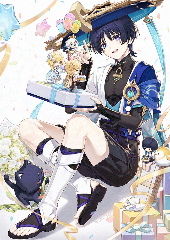 1boy aether_(genshin_impact) anemo_symbol_(genshin_impact) animal_print animalization aqua_gem armor balloon belt bird bird_print black_belt black_bodysuit black_bow black_bridal_gauntlets black_cat black_hair black_sandals black_shorts blue_cape blue_kimono blue_pupils blue_ribbon blue_sleeves blunt_ends bodysuit bouquet bow box bridal_gauntlets bridal_legwear cape cat character_doll clothing_cutout commentary_request confetti covered_collarbone crossed_legs doll feathers finch fingernails flower full_body furisode gem genshin_impact gesture_request gift gift_box gold gold_ring hakama hakama_shorts hands_up hip_vent holding holding_gift japanese_armor japanese_clothes juban kimono kote kurokote layered_sleeves leg_warmers looking_at_object lumine_(genshin_impact) mandarin_collar middle_ring open_clothes open_kimono open_mouth paimon_(genshin_impact) person_and_animalization pleated_shorts pom_pom_(clothes) puff_of_air purple_eyes purple_rope purple_sash ribbon rope sandals sash scaramouche_(cat)_(genshin_impact) scaramouche_(genshin_impact) shimi_chazuke_(genshin_impact) short_sleeves shorts shoulder_peek sitting star_(symbol) star_balloon stirrup_legwear sylpi teeth toeless_legwear toenails toes tsurime twitter_username upper_teeth_only vision_(genshin_impact) wanderer_(genshin_impact) white_background white_flower white_kimono white_leg_warmers white_ribbon white_sleeves white_trim wispy_bangs yellow_feathers yellow_ribbon zouri