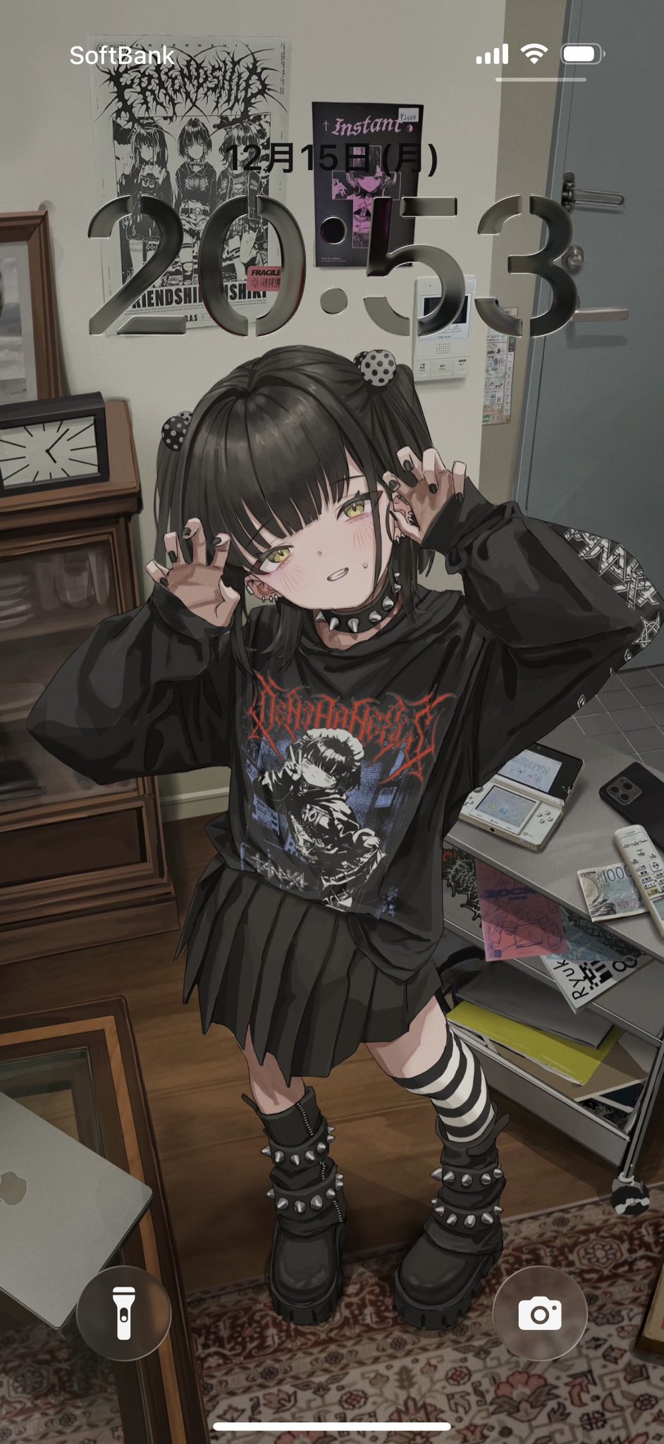 1girl analog_clock asymmetrical_legwear bad_tag battery_indicator black_boots black_hair black_nails black_skirt black_sweater boots cellphone claw_pose clock commentary controller fake_phone_screenshot fake_screenshot fingernails gishiki_(gshk) goth_fashion handheld_game_console hands_up highres indoors long_hair long_sleeves looking_at_viewer looking_up money nail_polish nintendo_ds original parted_lips phone pleated_skirt poster_(object) print_sweater remote_control shelf skirt smartphone solo spiked_boots standing sweater symbol-only_commentary timestamp twintails wi-fi_symbol yellow_eyes