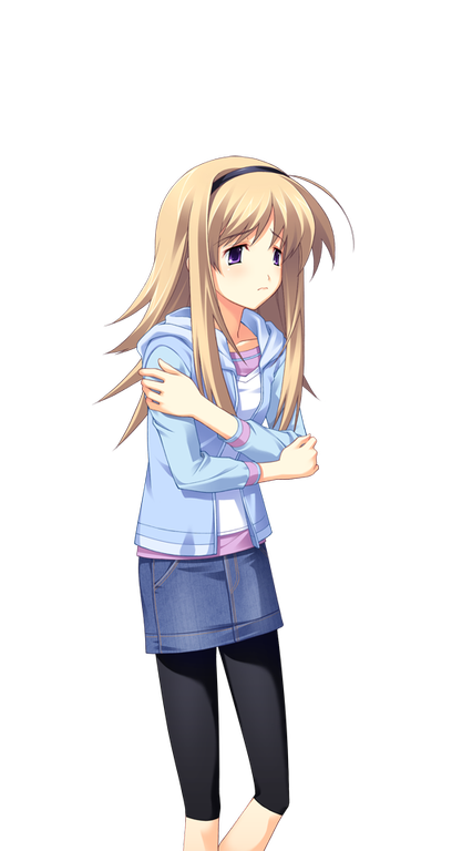 1girl arms_around_self black_hairband black_leggings blonde_hair blue_jacket blue_skirt breasts casual chaos;head check_clothing clothing_request collarbone denim denim_skirt facing_to_the_side from_side game_cg hairband hood hooded_jacket jacket leggings looking_down matsuo_yukihiro miniskirt nishijou_nanami non-web_source official_art open_clothes open_jacket pink_shirt profile purple_eyes sad science_adventure shirt short_leggings skirt small_breasts solo sprite swept_bangs transparent_background white_shirt