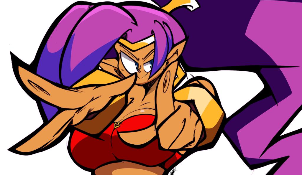 1girl 2024 alternate_breast_size_(larger) artist_name bare_shoulders blue_eyes bra breasts closed_eyes commentary dark-skinned_female dark_skin earrings english_commentary female_focus finger_print fingerprint gold_choker harem_outfit harem_pants jewelry large_breasts leo_clock long_hair midriff navel o-ring outline pants pointing pointing_at_viewer pointy_ears purple_hair reaching reaching_towards_viewer red_bra red_pants shantae shantae_(series) smile strapless tiara title tube_top underwear v-shaped_eyebrows vambraces very_long_hair wayforward