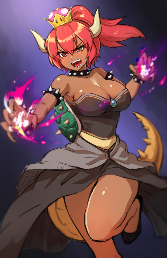 1girl :d armlet bare_shoulders borrowed_character borrowed_design bowsette bracelet breasts brooch claws collar commentary crown dark-skinned_female dark_skin english_commentary eyes_visible_through_hair fangs female_focus fire flaming_hand hair_between_eyes horns jewelry large_breasts long_hair mario_(series) maritan_(pixelmaritan) monster_girl new_super_mario_bros._u_deluxe nintendo open_mouth ponytail pyrokinesis red_eyes red_hair smile solo spiked_armlet spiked_bracelet spiked_collar spiked_tail spikes super_crown tail teeth turtle_shell v-shaped_eyebrows