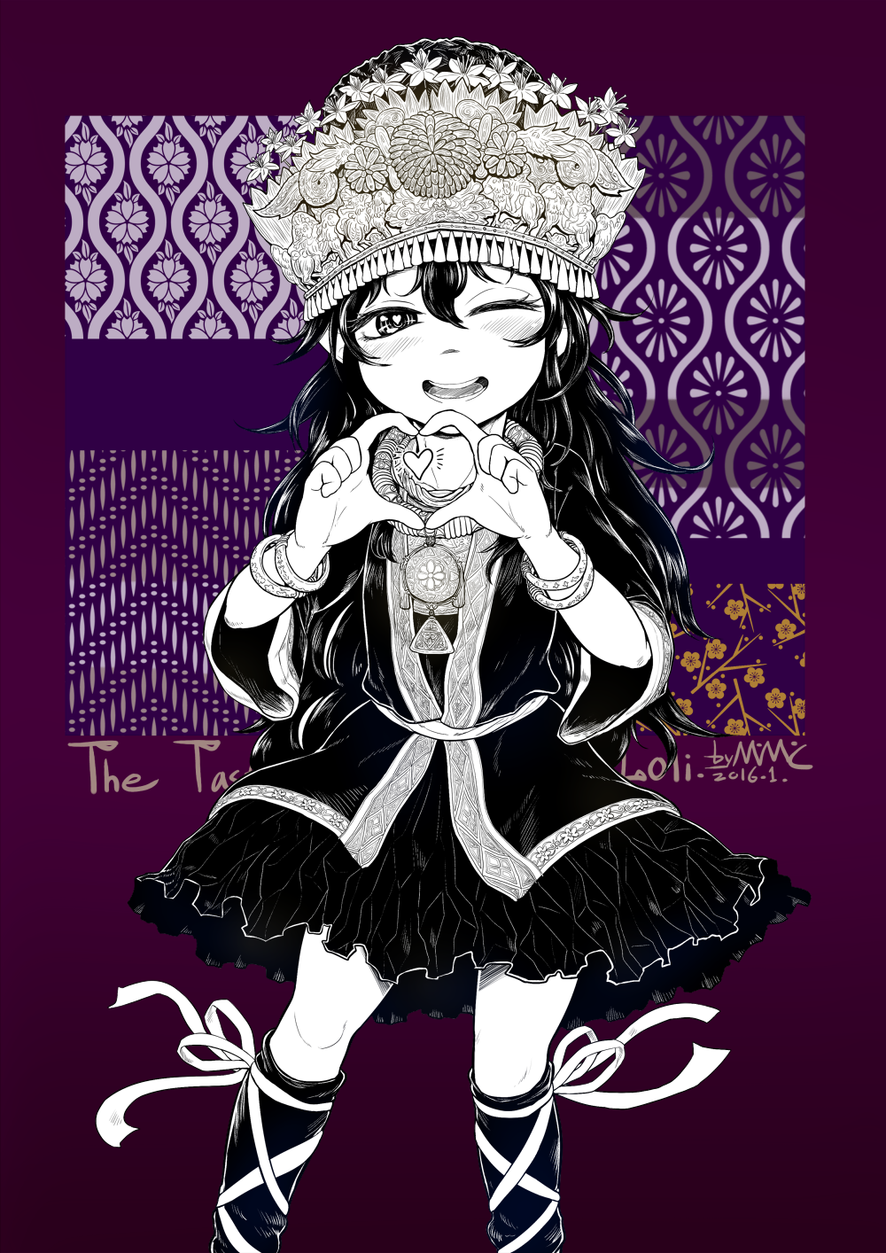 1girl bracelet chinese_commentary clothing_request commentary_request dress flat_chest greyscale_with_colored_background hat heart heart-shaped_pupils heart_hands highres jewelry long_hair looking_at_viewer mimit one_eye_closed open_mouth original smile solo symbol-shaped_pupils