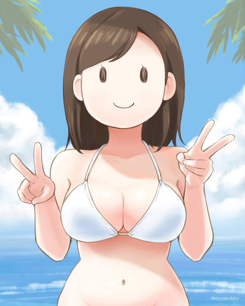 1girl beach bikini bikini_top_only breasts brown_hair day double_v looking_at_viewer miyako_hito mob_face navel ocean original outdoors palm_tree sky smile solo swimsuit tree twitter_username v w water white_bikini