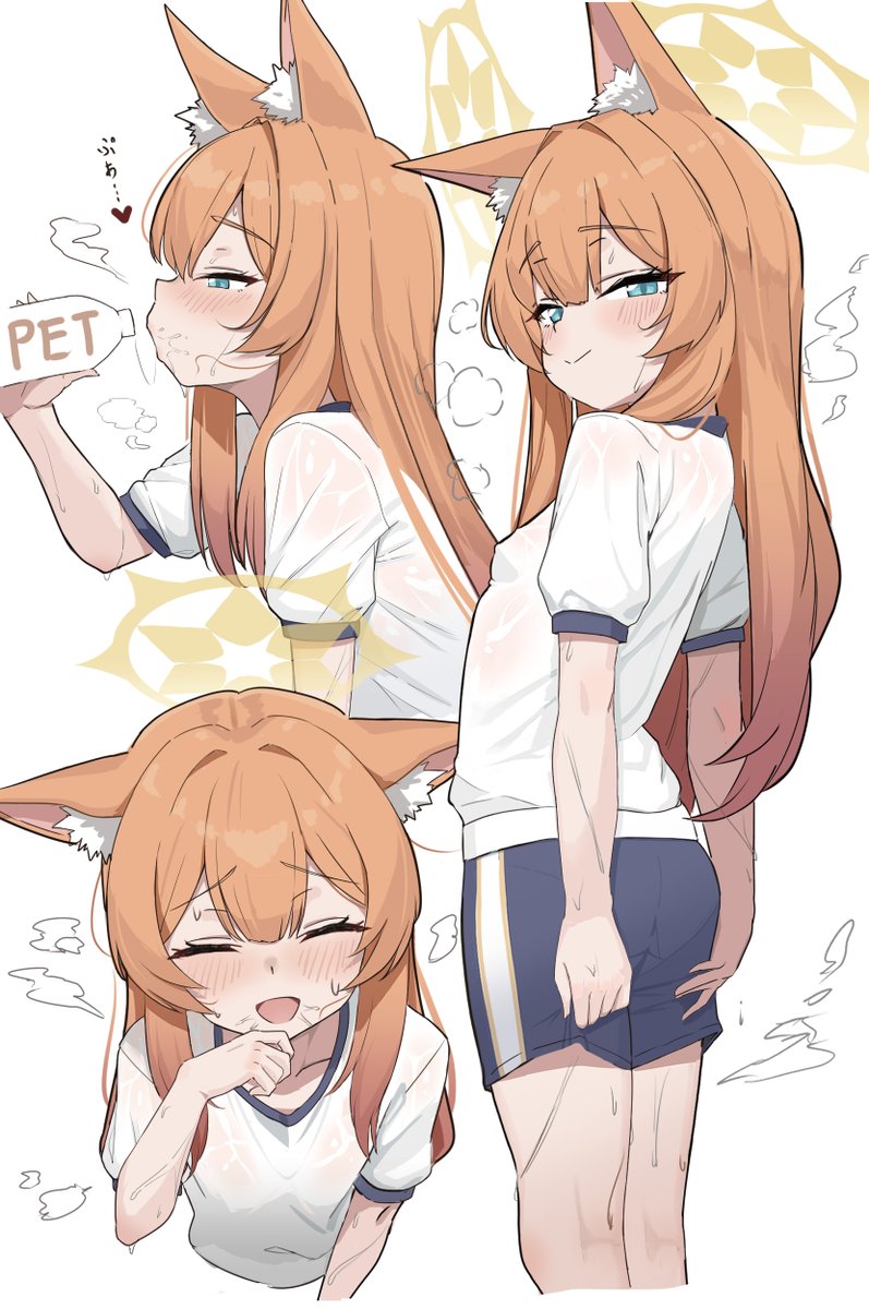 1girl animal_ear_fluff animal_ears blue_archive blue_eyes blush bottle gym_shirt gym_shorts gym_uniform halo highres holding holding_bottle loli long_hair mari_(blue_archive) mari_(track)_(blue_archive) multiple_views official_alternate_costume orange_hair romu851170 see-through_clothes see-through_shirt shirt shorts simple_background steaming_body sweat very_sweaty water_bottle wet wet_clothes wet_shirt white_background yellow_halo