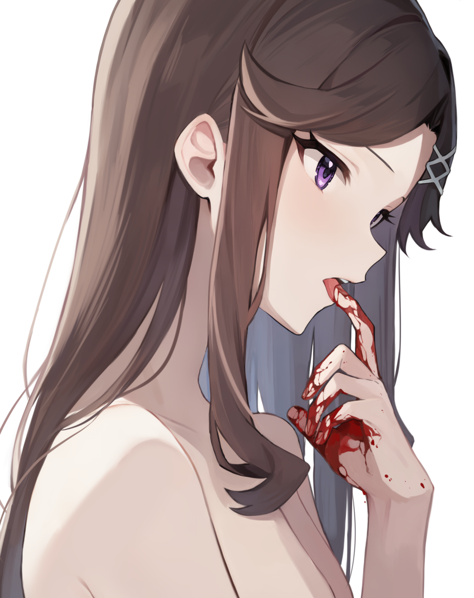 10s 1girl ai-generated artist_request bare_shoulders blood blood_on_hands breasts brown_hair cleavage collarbone hair_ornament highres licking licking_blood licking_finger long_hair nude open_mouth purple_eyes shoujo_kageki_revue_starlight simple_background solo tagme tendou_maya tongue