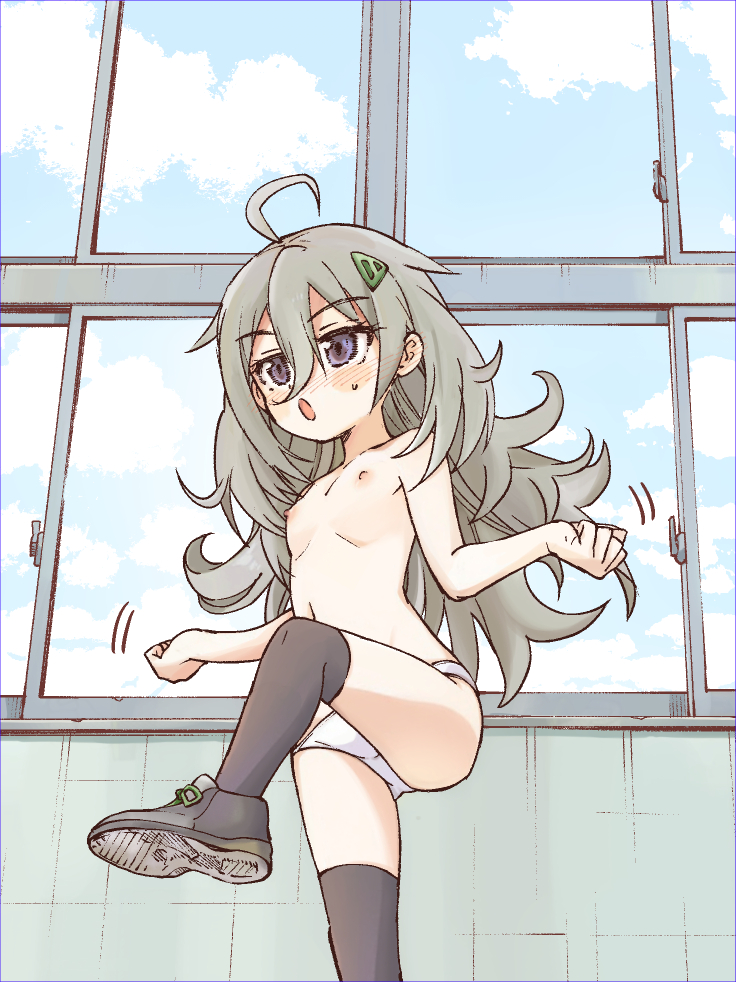 1girl :o ahoge blush clenched_hands cloud curly_hair day flat_chest fukaku-tei grey_eyes hair_between_eyes hair_ornament hibi_wa_sugiredo_meshi_umashi higa_tsutsuji leg_up loli long_hair nipples open_mouth over-kneehighs panties shoes solo standing standing_on_one_leg thighhighs topless_female underwear white_panties window