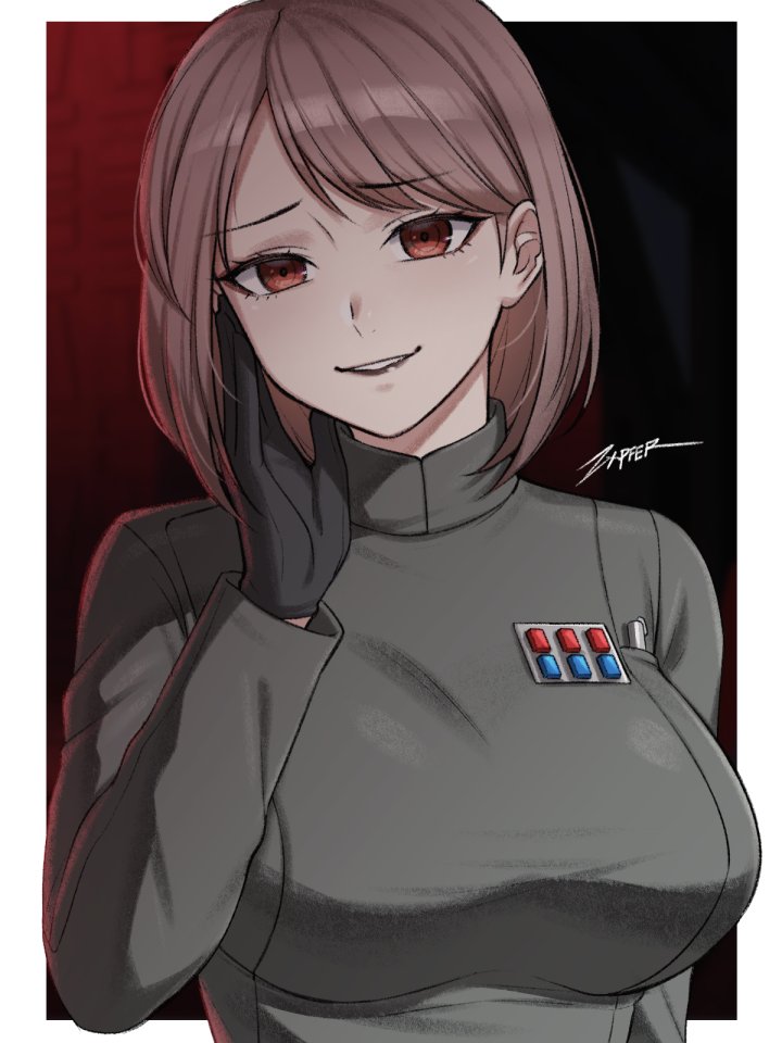 1girl artist_name black_gloves border breasts brown_hair commentary english_commentary galactic_empire_(star_wars) gloves grey_tunic imperial_officer long_sleeves medium_breasts medium_hair open_mouth original red_eyes ringed_eyes signature smile solo star_wars teeth tunic turtleneck upper_body upper_teeth_only white_border zxpfer