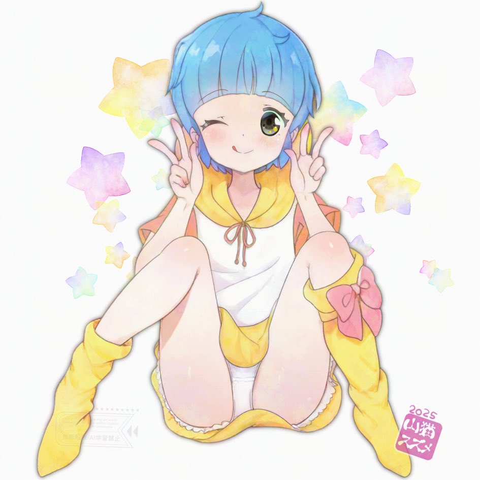1girl :q blue_hair double_v green_eyes legs_apart loli looking_at_viewer mahou_no_tenshi_creamy_mami miniskirt morisawa_yuu one_eye_closed panties pantyshot shirt short_hair short_sleeves sitting skirt smile socks solo thighs tongue tongue_out underwear v white_panties white_shirt yamaneko_suzume yellow_skirt yellow_socks