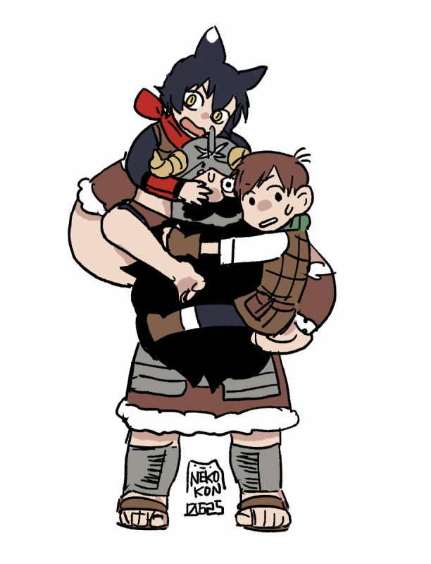 armor artist_name barefoot beard black_hair boots brown_footwear brown_gloves brown_hair carrying carrying_person cat_girl chilchuck_tims dated dungeon_meshi dwarf facial_hair fake_horns fingerless_gloves gloves green_scarf halfling helmet horned_helmet horns izutsumi leather_armor long_beard mismatched_animal_ear_colors mustache neck_warmer nekokon red_scarf sandals scarf senshi_(dungeon_meshi) simple_background sweat thick_mustache very_long_beard white_background