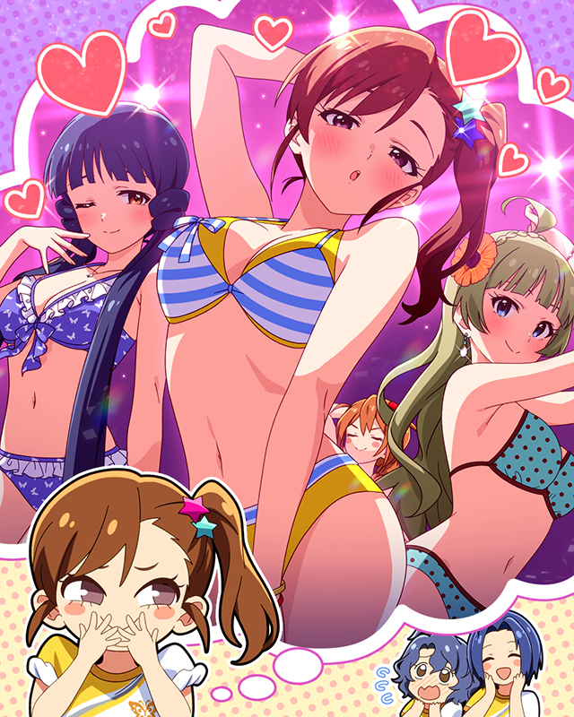 6+girls alternate_breast_size_(larger) arms_behind_head baba_konomi bikini blush blush_stickers breasts brown_eyes brown_hair commentary_request flying_sweatdrops futami_mami game_cg hair_ornament heart idolmaster idolmaster_(classic) idolmaster_million_live! idolmaster_million_live!_theater_days imagining kitakami_reika large_breasts looking_at_viewer miura_azusa multiple_girls navel official_art shimabara_elena short_hair side_ponytail speech_bubble star_(symbol) star_hair_ornament swimsuit third-party_source thought_bubble toyokawa_fuka