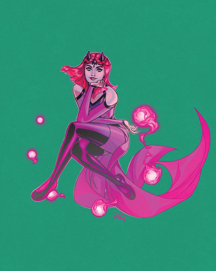 1girl amaranth_(marvel) boots breasts clothing_cutout commentary dress english_commentary fake_horns floating_clothes green_background horns invisible_chair looking_at_viewer magic marvel medium_hair official_art pink_eyes pink_hair russell_dauterman shoulder_cutout sitting solo thigh_boots western_comics_(style)