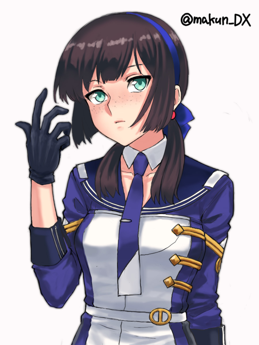 1girl black_gloves blue_hairband blue_necktie blue_ribbon breasts brown_hair commentary_request freckles gloves green_eyes hair_ribbon hairband highres jacket kantai_collection long_hair long_sleeves looking_at_viewer maakun_(makun_dx) mogador_(kancolle) necktie ribbon sidelocks solo twitter_username upper_body white_background
