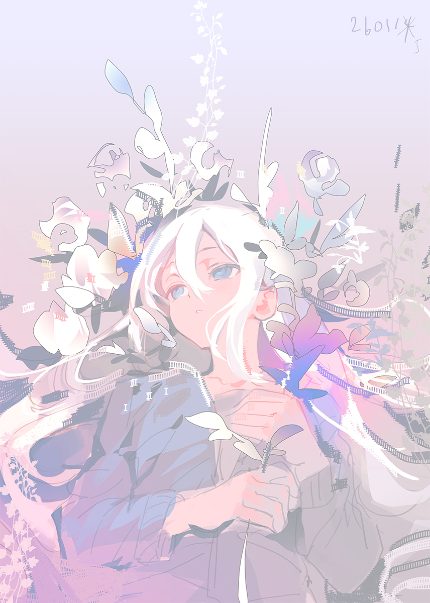 1girl blue_eyes dated empty_eyes flower gradient_background gradient_flower grey_background grey_jacket haun highres jacket long_hair looking_to_the_side lying on_back pink_background pink_flower project_sekai purple_flower sidelocks solo upper_body white_flower white_hair yoisaki_kanade