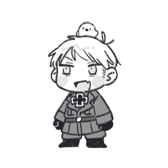 1boy animal animal_on_head axis_powers_hetalia baggy_pants beak belt bird bird_on_head bird_wings blush_stickers boots chibi chibi_only cross fang full_body gilbird gloves greyscale iron_cross jacket lapels long_sleeves looking_afar male_focus mi_aph_to military military_jacket military_uniform monochrome on_head open_mouth pants pet prussia_(hetalia) short_hair simple_background skin_fang smile solo standing wings
