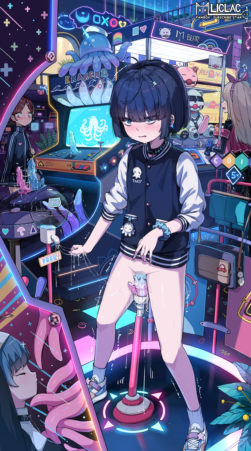 3girls arcade black_choker black_hair blue_eyes choker dildo highres jacket liclac loli lubrication multiple_girls nun object_insertion original pussy_juice sex_toy short_hair socks spread_legs standing tentacles vaginal vaginal_object_insertion white_socks