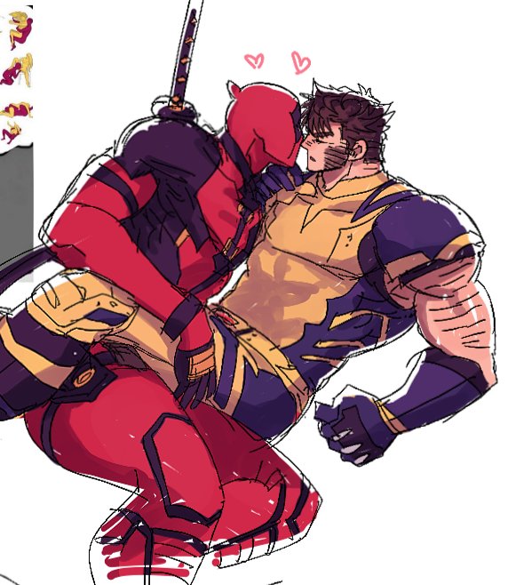 2boys arm_hair bara beard bodysuit boots brown_hair closed_eyes commentary_request couple deadpool deadpool_&amp;_wolverine deadpool_(series) facial_hair gloves heart imminent_kiss katana male_focus marvel multicolored_bodysuit multiple_boys muscular muscular_male open_mouth pectorals ppoooooolvrmm red_bodysuit red_mask short_hair sword sword_on_back two-tone_bodysuit weapon weapon_on_back wolverine_(x-men) x-men yaoi yellow_bodysuit