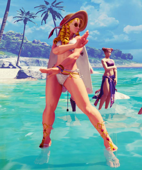 2girls 3d abs beach bikini character_request cloud coconut_tree double_bun drill_hair hair_bun hat kanzuki_karin multiple_girls outdoors palm_tree sky street_fighter street_fighter_v sunglasses swimsuit toned tree water