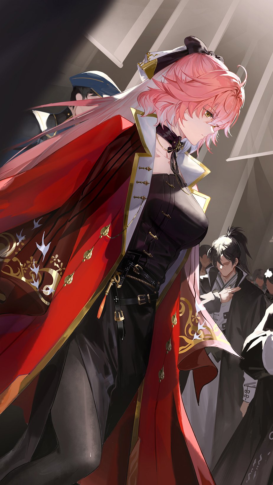 1girl alternate_costume black_bow black_dress black_pantyhose bow breasts changli_(wuthering_waves) closed_mouth commentary_request dress hair_between_eyes hair_bow highres jacket large_breasts long_hair looking_ahead multicolored_hair pantyhose people pink_hair profile red_jacket ruoruoqiu solo_focus two-tone_hair white_hair wuthering_waves yellow_eyes