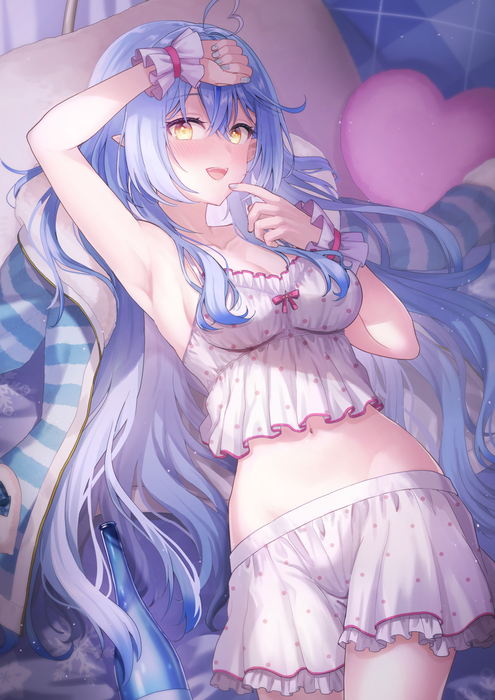 1girl ahoge arm_up armpits bare_shoulders bed blue_hair blue_jacket blue_nails blush breasts camisole cleavage collarbone commentary_request elf frilled_wrist_cuffs frills fur-trimmed_jacket fur_trim hair_between_eyes heart heart_ahoge highres hololive indoors jacket koto_(colorcube) large_breasts long_hair lying nail_polish navel official_alternate_costume official_alternate_hairstyle on_back on_bed open_mouth pointy_ears polka_dot polka_dot_camisole polka_dot_skirt skirt sleepwear smile solo stomach virtual_youtuber white_camisole white_skirt wrist_cuffs yellow_eyes yukihana_lamy yukihana_lamy_(roomwear)