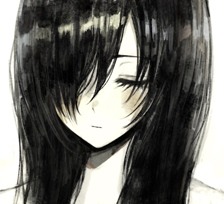 1girl black_hair closed_eyes expressionless gd783hhh hair_over_one_eye long_hair monochrome original portrait solo