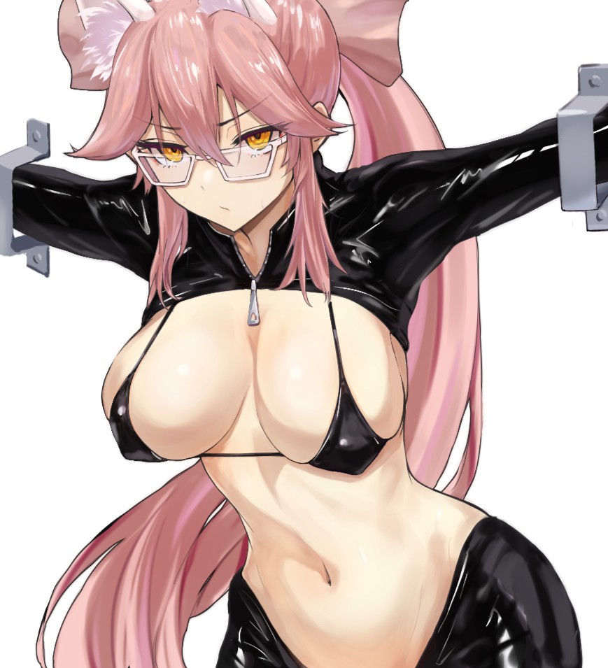 1girl animal_ear_fluff animal_ears bikini black_bikini black_hiphighs black_shrug blush bow breasts cleavage fate/grand_order fate_(series) fox_ears fox_girl glasses hair_between_eyes hair_bow hiphighs koyanskaya_(assassin)_(first_ascension)_(fate) koyanskaya_(fate) kugiseiichi large_breasts long_hair long_sleeves looking_at_viewer navel pink_bow pink_hair ponytail restrained shrug_(clothing) sidelocks solo swimsuit thighs yellow_eyes