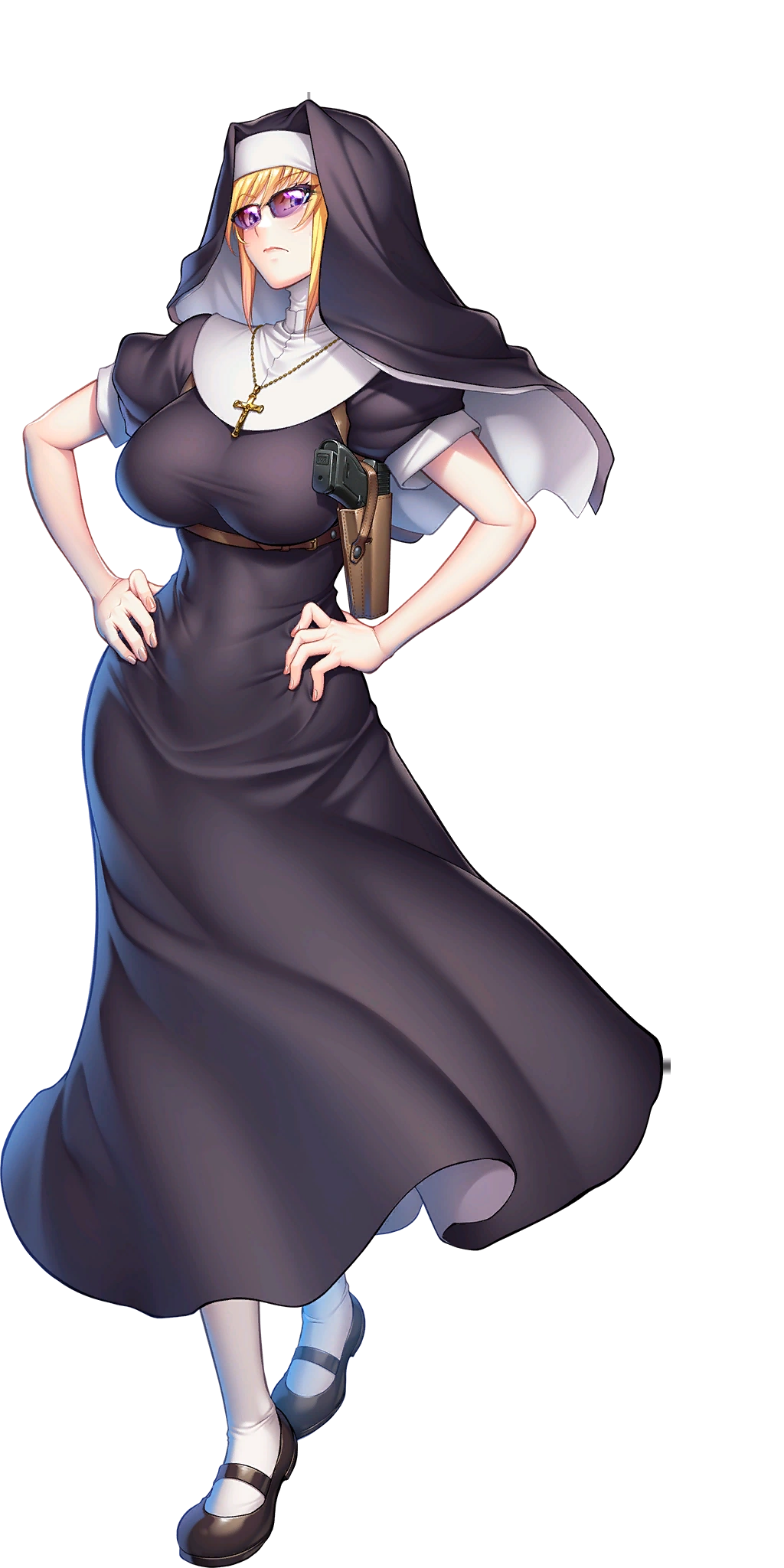 1girl alcohol alternate_costume artist_collaboration bare_shoulders black_lagoon blonde_hair blue_eyes breasts closed_mouth curvy dress full_body gun hands_on_own_hips high_heels highres large_breasts lips long_hair looking_at_viewer non-web_source nun official_alternate_costume official_art shinganji_kurenai shiny_skin shoes solo standing sunglasses taimanin_(series) taimanin_kurenai taimanin_rpgx thighs transparent_background weapon wide_hips zol