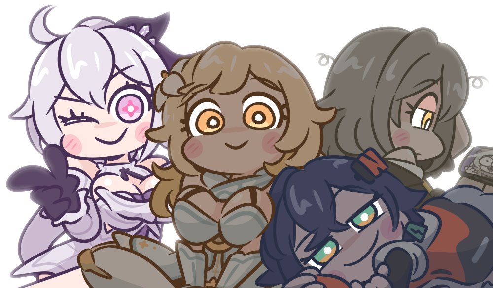 ;) ahoge bare_shoulders belle_(zenless_zone_zero) blonde_hair blue_hair blush_stickers breasts bright_pupils cellphone cho_theg cleavage commentary_request firefly_(honkai:_star_rail) genshin_impact green_eyes grey_hair hair_ornament honkai:_star_rail honkai_(series) honkai_impact_3rd kiana_kaslana large_breasts long_hair looking_at_viewer lumine_(genshin_impact) mihoyo one_eye_closed phone pink_eyes smartphone smile stelle_(honkai:_star_rail) trailblazer_(honkai:_star_rail) white_pupils yellow_eyes zenless_zone_zero