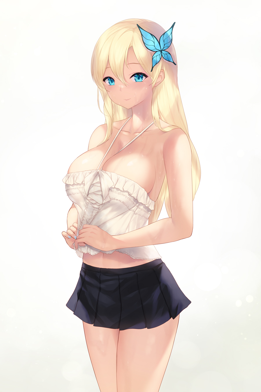 1girl bare_arms bare_shoulders black_skirt blonde_hair blue_eyes boku_wa_tomodachi_ga_sukunai breasts butterfly_hair_ornament cait_aron closed_mouth collarbone cowboy_shot hair_ornament highres kashiwazaki_sena large_breasts looking_at_viewer nail_polish pleated_skirt simple_background skirt smile solo thighs white_background