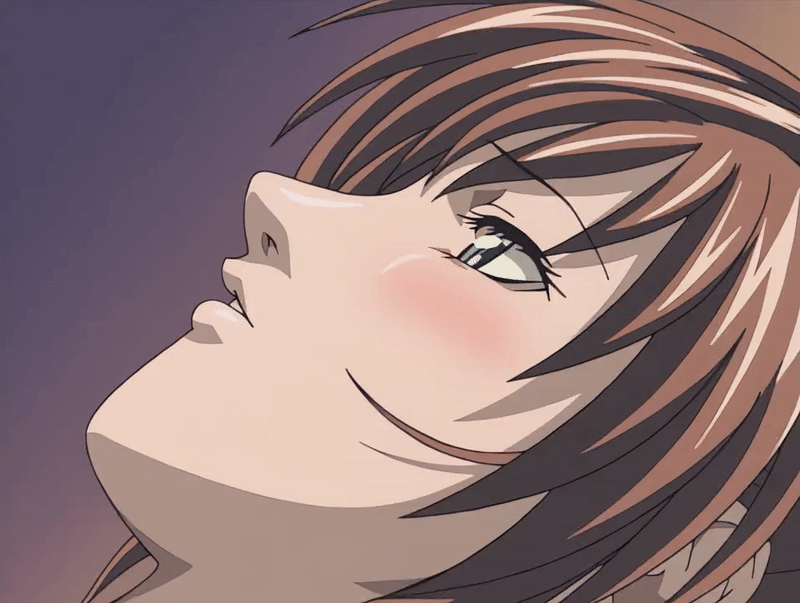 00s 1girl 2003 animated animated_gif bible_black bible_black_night_of_the_walpulgiss blinking blush brown_hair green_eyes imari_kurumi implied_cunnilingus long_hair ponytail side_ponytail smile solo tagme