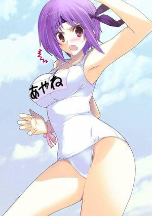 1girl angry ayane_(doa) blush breasts brown_eyes cleavage cloud collarbone dead_or_alive headband iizuki_tasuku large_breasts looking_at_viewer name_tag one-piece_swimsuit open_mouth pink_ribbon purple_hair ribbon school_swimsuit short_hair sky standing surprised swimsuit tecmo white_one-piece_swimsuit white_school_swimsuit wrist_ribbon