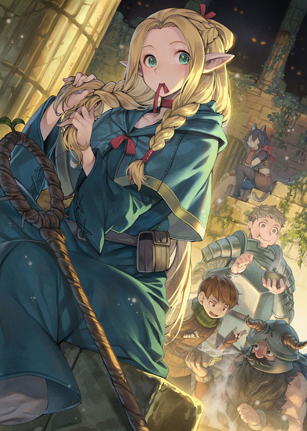 2girls 3boys animal_ears aqua_eyes armor bare_shoulders beard belt_pouch blonde_hair blue_robe bowl braid braiding_hair breastplate brown_hair cat_girl chilchuck_tims choker commentary_request crop_top dungeon_meshi dutch_angle dwarf eating elf facial_hair fake_horns green_scarf hagure_keg hair_over_shoulder hairdressing helmet highres holding holding_bowl holding_spoon horned_helmet horns izutsumi laios_touden leather_armor long_beard marcille_donato mouth_hold multiple_boys multiple_braids multiple_girls muscular muscular_male mustache night open_mouth pauldrons pillar plate_armor pointy_ears pouch red_choker red_scarf revision ribbon ribbon_in_mouth robe scarf senshi_(dungeon_meshi) shoulder_armor sitting sky spoon staff stairs tail thick_mustache