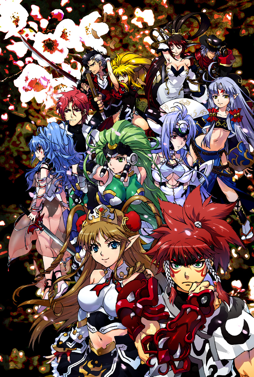 4boys 6+girls aledy_naash alfimi android animal_ears arisu_reiji aschen_brodel ass axel_almer banpresto blue_eyes blue_hair bow breasts chinese_clothes cleavage cowboy cowboy_hat cowboy_western everyone closed_eyes facial_mark fangs fingerless_gloves flower fox_ears gauntlets gloves green_eyes hair_bow hair_ornament hand_fan harken_browning hat highres horns katana kos-mos kos-mos_ver._4 large_breasts leaning_forward long_hair medium_breasts midriff multicolored_hair multiple_boys multiple_girls nail_polish nakamura_kanko nanbu_kaguya navel neige_hausen original pointy_ears red_eyes red_hair sandals see-through_clothes single_horn super_robot_wars super_robot_wars_og_saga_mugen_no_frontier super_robot_wars_og_saga_mugen_no_frontier_exceed suzuka_hime sword two-tone_hair underboob very_long_hair weapon western xiaomu yellow_eyes