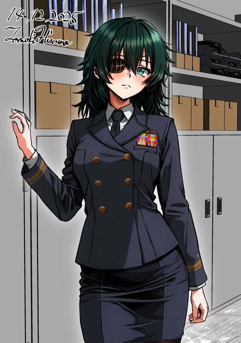 1girl alternate_costume artist_name black_necktie buttons collared_shirt commentary_request cowboy_shot dated double-breasted eyepatch green_eyes green_hair grey_jacket grey_skirt hair_between_eyes highres hisama_tomoki jacket japan_maritime_self-defense_force japan_self-defense_force kantai_collection kiso_(kancolle) long_sleeves looking_at_viewer military military_dress_uniform military_rank_insignia military_uniform naval_dress_uniform naval_uniform necktie one-hour_drawing_challenge ribbon_bar shirt signature skirt solo white_shirt