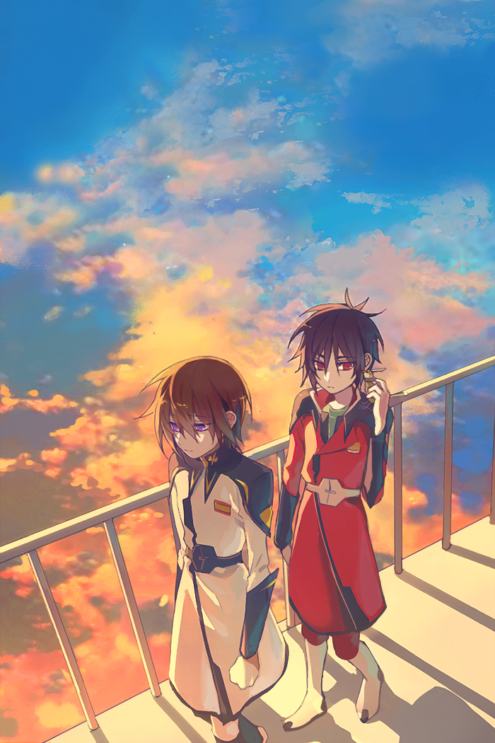 2boys animal animal_on_shoulder belt bird bird_on_shoulder black_hair boots brown_hair cloud coat gundam gundam_seed gundam_seed_destiny hair_between_eyes kira_yamato knee_boots light_smile male_focus military_uniform multiple_boys non-humanoid_robot purple_eyes railing red_coat red_eyes robot robot_animal robot_bird seed0x0 shinn_asuka short_hair sky sleeve_cuffs torii_(gundam) white_coat zaft_uniform