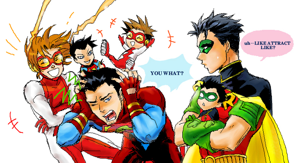 3boys anisuki_(briliant-19) bart_allen black_hair brown_hair cape crossed_arms dc_comics doll domino_mask dual_persona english_text engrish_text eye_mask goggles image_sample impulse kon-el male_focus mask multiple_boys muscular pixiv_sample ranguage resized robin_(dc) s_shield superboy tim_drake young_justice