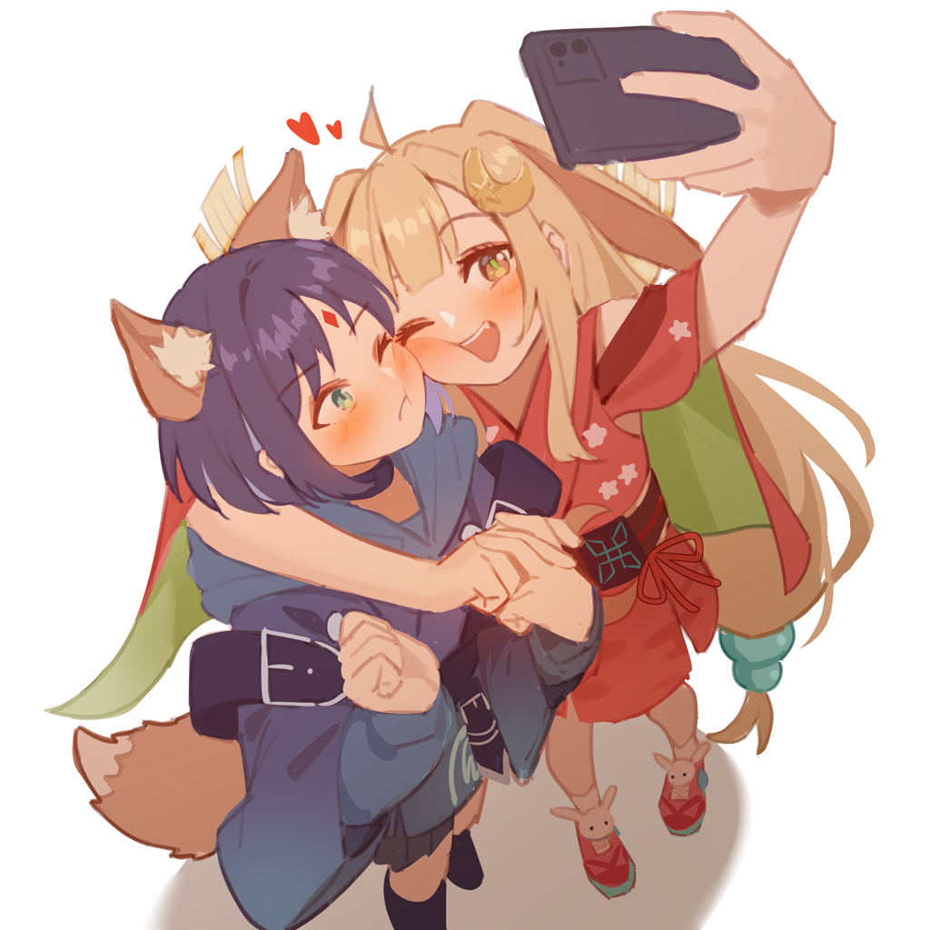 2girls ahoge animal_ear_fluff animal_ears arm_around_neck blue_hair blue_hoodie blush brown_hair cheek-to-cheek cho_kaguya-hime! closed_mouth clothing_cutout commentary_request crescent crescent_hair_ornament dress fang green_eyes grey_skirt hair_ornament heads_together heart hood hood_down hoodie kaguya_(cho_kaguya-hime!) long_sleeves milktea_(gggrrr2000) multiple_girls open_mouth red_dress red_shoes sakayori_iroha selfie shoes short_hair shoulder_cutout simple_background skirt teeth two_side_up upper_teeth_only white_background yuri