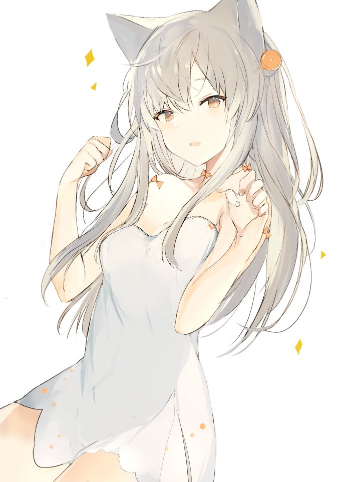 Anime girl with white hair and cat ears