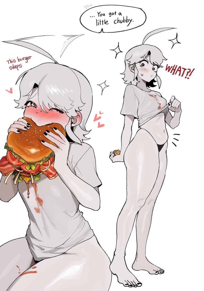 1girl :/ afterimage ahoge ahoge_wag bare_legs barefoot blush breasts burger closed_mouth clothes_lift commentary cross-shaped_pupils dirty dirty_clothes ear_blush eating english_text expressive_hair feet food food_on_body foodgasm full_body half-closed_eye heart highleg highleg_panties highres holding holding_burger holding_food huge_ahoge lifting_own_clothes looking_at_viewer menchi_(radon86_nya) multiple_views nail_polish navel no_pants notice_lines one_eye_closed original panties partially_colored radon86_nya shirt shirt_lift short_hair short_sleeves sitting small_breasts small_sweatdrop speech_bubble standing string_panties symbol-shaped_pupils t-shirt toenail_polish toenails toes underwear
