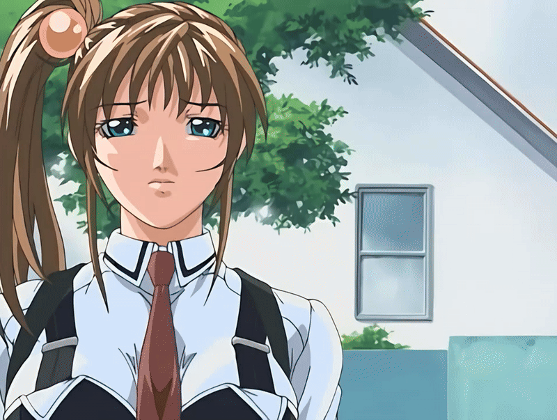 00s 1girl 2006 animated animated_gif anime_screenshot aqua_eyes bible_black bible_black_black_sacrifice bible_black_night_of_the_walpulgiss breasts brown_hair bush collared_shirt green_eyes hair_ornament house imari_kurumi long_hair necktie outdoors ponytail sad school_uniform shirt side_ponytail suspenders tagme tree white_shirt