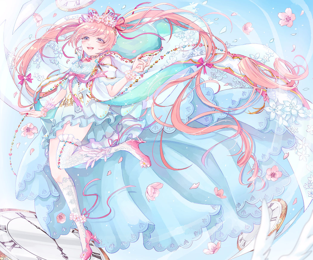 1girl aqua_cloak asymmetrical_legwear blue_dress blue_sky bow bowtie bracelet brown_eyes cherry_blossoms cloak clock cloud commentary day dress eyelashes first_wind_(miracle_nikki) floating_clothes floating_hair flower flower_anklet flower_bracelet frilled_thighhighs frills full_body gradient_eyes hair_flower hair_ornament hair_ribbon hand_up happy high_heels hood hood_down hooded_cloak jewelry kneehighs lace lace-trimmed_dress lace_trim leg_up light_blush long_hair looking_at_viewer miracle_nikki mismatched_legwear multicolored_eyes nikki_(series) open_mouth outdoors pink_bow pink_bowtie pink_flower pink_hair pink_ribbon pink_shoes purple_eyes rain0612 ribbon shoes single_kneehigh single_sock single_thighhigh sky smile socks solo stiletto_heels thighhighs train_(clothing) twintails two-sided_hood very_long_hair white_cloak white_socks white_thighhighs wind