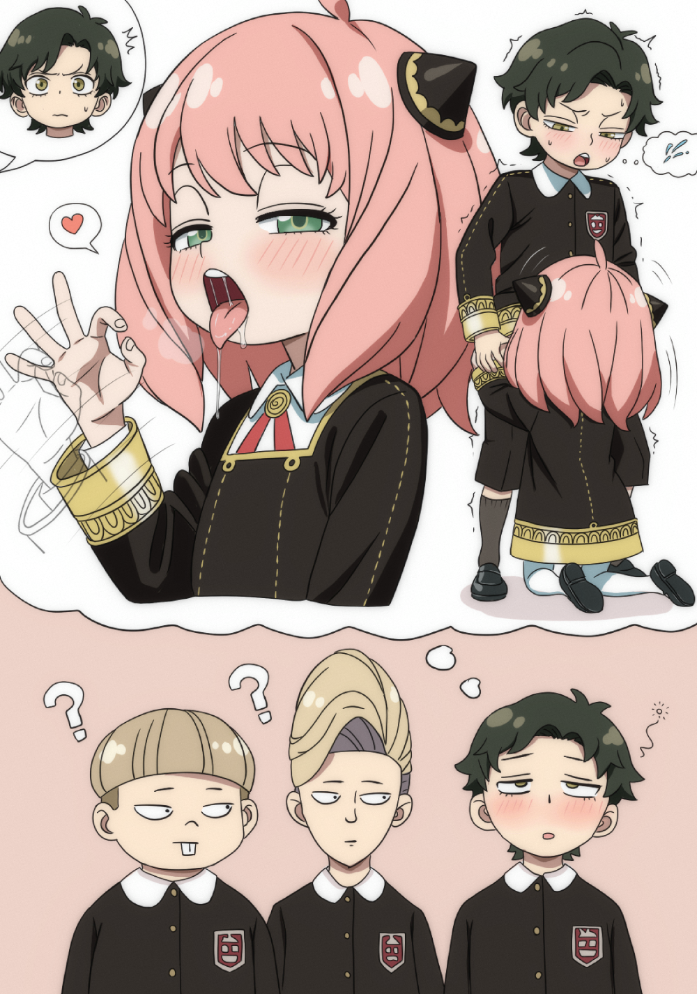 1girl ? anya_(spy_x_family) black_boots black_dress black_hair black_jacket black_shorts black_socks boots commentary damian_desmond dress eden_academy_school_uniform emile_elman english_commentary ewen_egeburg fellatio_gesture flat_chest green_eyes hairpods heart highres hippo_power imagining implied_fellatio jacket kodomo_doushi layered_sleeves loli medium_hair open_mouth pantyhose pink_hair school_uniform shirt short_hair shorts shota socks speech_bubble spoken_heart spy_x_family teeth thought_bubble tongue tongue_out upper_teeth_only very_short_hair white_pantyhose white_shirt yellow_eyes