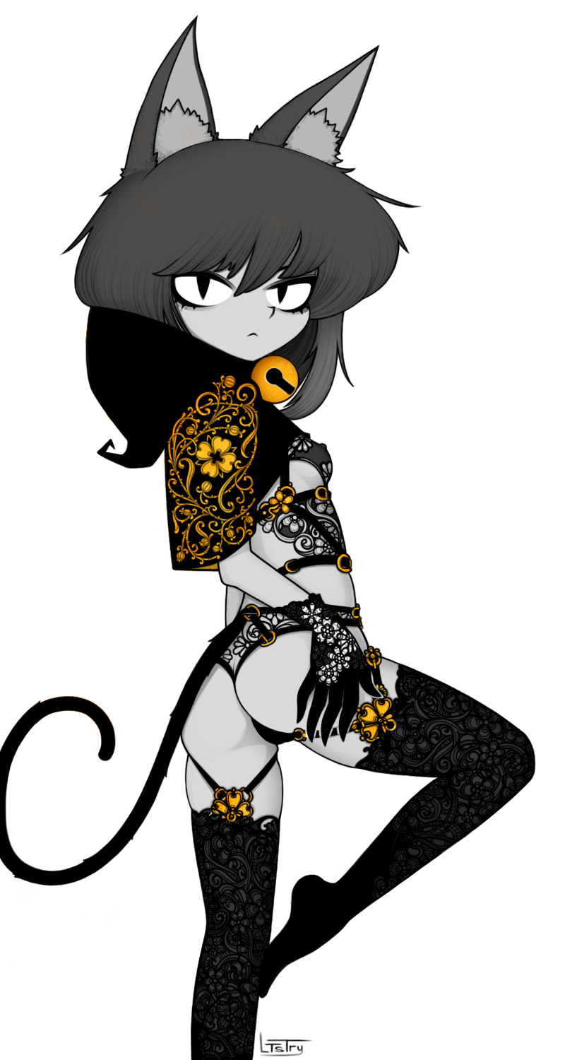 1girl animal_ear_fluff animal_ears ass bell black_gloves black_panties black_thighhighs borrowed_character breasts covered_erect_nipples cowl flat_ass foot_out_of_frame from_behind frown gloves hand_on_own_hip harness highres hood hood_down lace lace_gloves lace_panties lace_thighhighs lingerie long_hair looking_at_viewer ltstry neck_bell o-ring original panties signature simple_background slit_pupils small_breasts solo spot_color standing standing_on_one_leg tail tapochka_(nradiowave) thighhighs underwear white_background