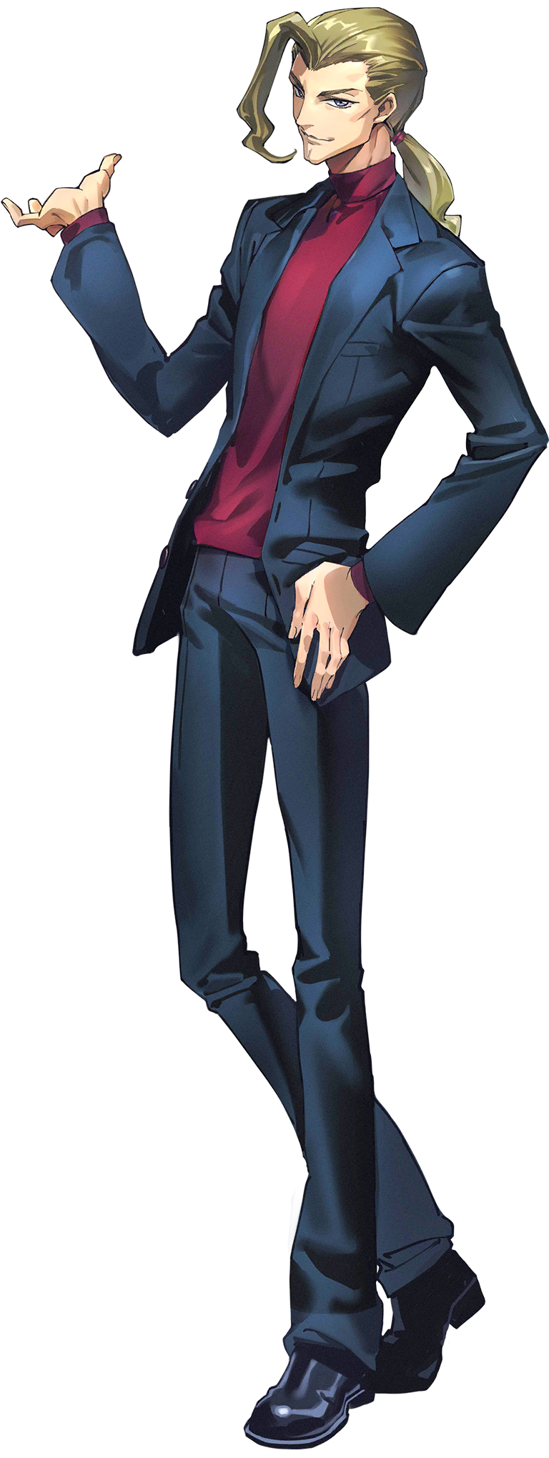 1boy black_jacket blonde_hair blue_eyes buttons closed_mouth code_geass code_geass:_genesic_re;code cropped_torso diethard_ried forehead hand_on_own_chin happy highres jacket long_sleeves male_focus medium_hair official_art open_clothes open_jacket red_shirt shirt simple_background smile solo standing stroking_own_chin transparent_background turtleneck turtleneck_shirt upper_body v-shaped_eyebrows