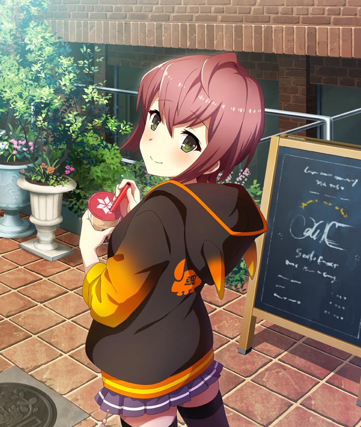 1girl ahoge black_jacket black_thighhighs blue_skirt blush brick_wall bubble_tea bush closed_mouth cowboy_shot cup day disposable_cup dot_nose double-parted_bangs drinking_straw from_behind game_cg gradient_sleeves green_eyes holding holding_cup holding_drinking_straw hood hood_down hooded_jacket horned_hood horns jacket looking_at_viewer looking_back menu_board nagasaki_sumi official_art orange_sleeves outdoors plant potted_plant purple_hair railing renpu_girls_school_uniform school_uniform short_hair sidelocks skirt smile solo thighhighs third-party_source toji_no_miko toji_no_miko:_kizamishi_issen_no_tomoshibi yellow_sleeves zettai_ryouiki