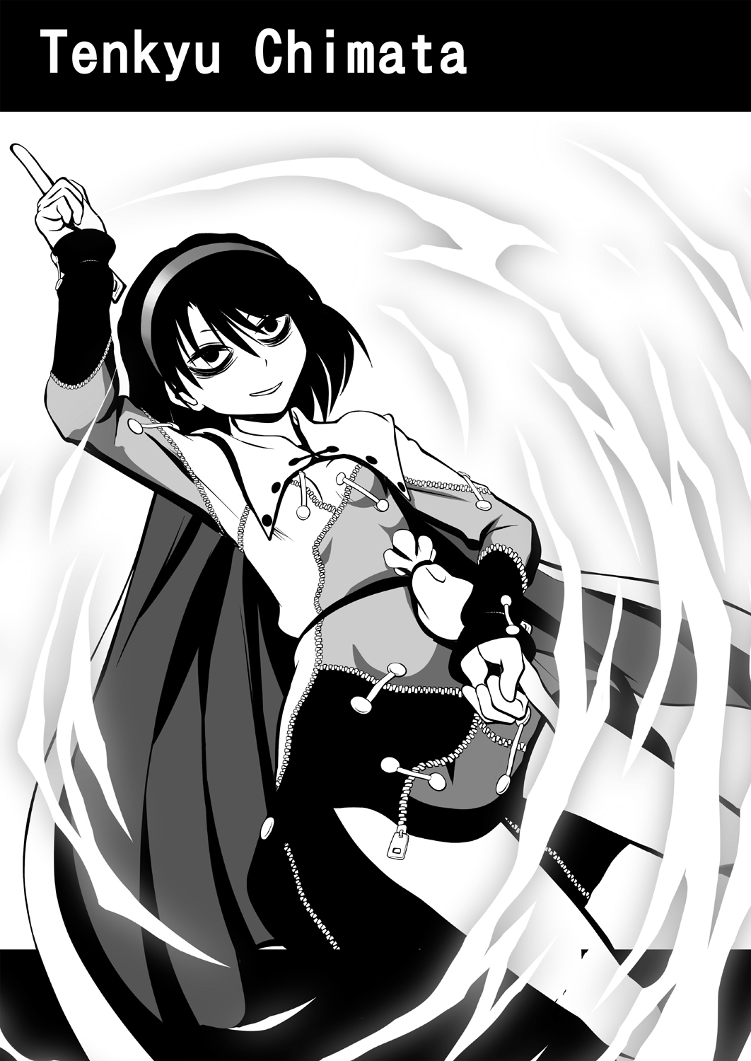 1girl arm_up ayana_mizuki bags_under_eyes breasts cape character_name commentary_request contrapposto cowboy_shot dress dutch_angle greyscale grin hair_between_eyes hairband highres index_finger_raised looking_at_viewer monochrome multicolored_dress patchwork_clothes pointing pointing_down pointing_up sack short_hair small_breasts smile solo tenkyuu_chimata touhou zipper