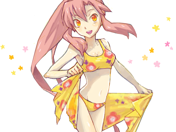 1girl :d bad_drawr_id bad_id bare_arms bare_shoulders bikini breasts cleavage floral_print floral_print_bikini groin hair_between_eyes long_hair medium_breasts navel open_mouth pink_hair ponytail print_bikini round_teeth saikachi_(ogre_tree) sidelocks smile solo swimsuit teeth tengen_toppa_gurren_lagann upper_teeth_only white_background yellow_bikini yellow_eyes yoko_littner